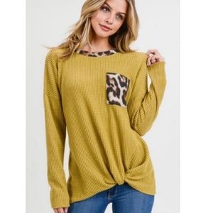 Pullover Brushed WaffleTop, Contrasting Leopard Pocket & Neckline, Various Sizes
